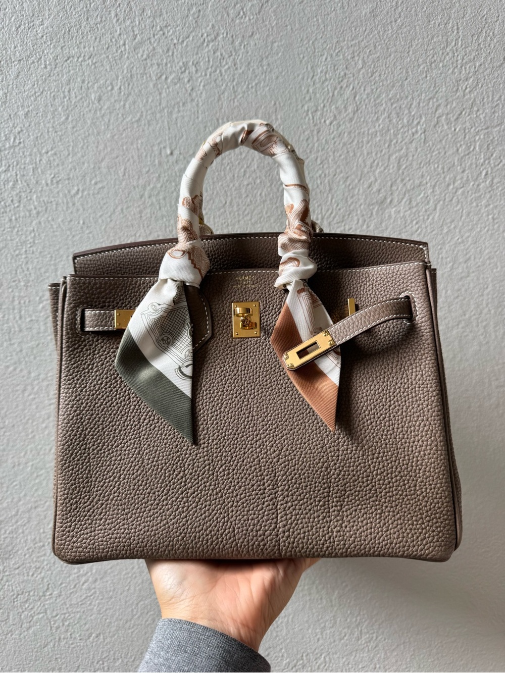 Hermes Taupe Togo Leather Satchel with Silk Handle Wraps